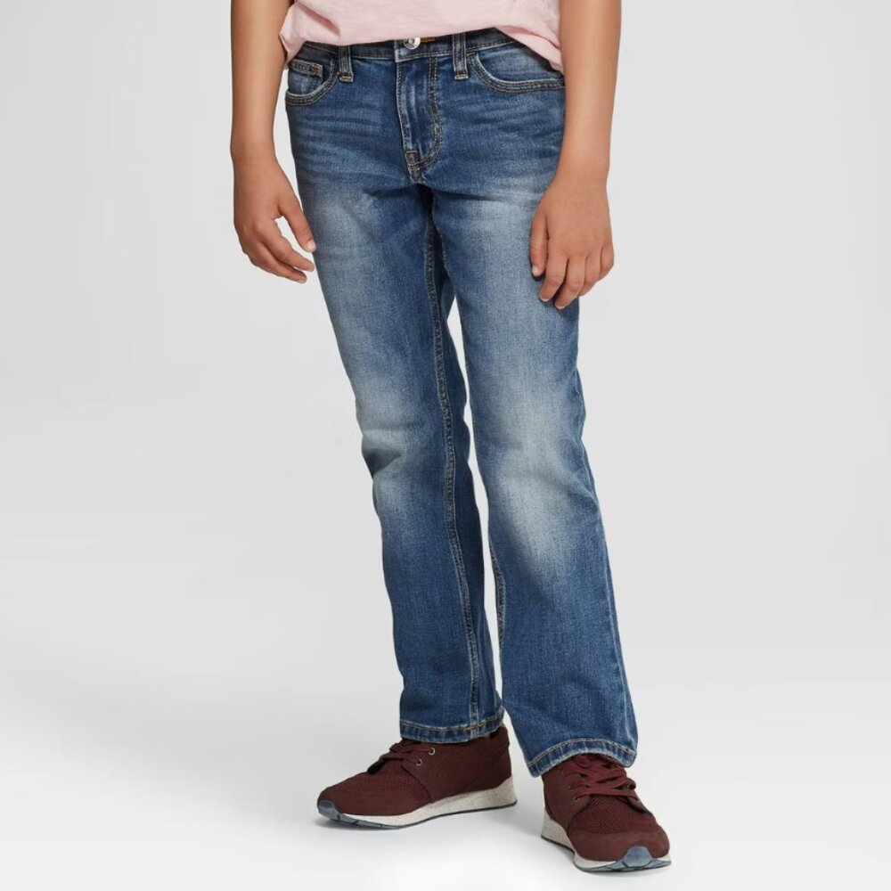 Cat & Jack Boys' Classic Cotton Stretch Straight Denim Jeans in Medium Blue Wash